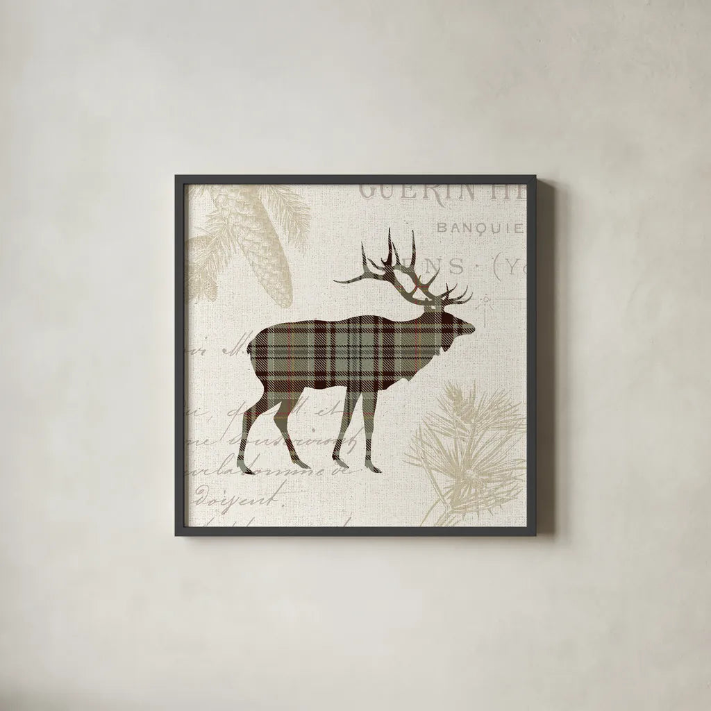 Plaid Lodge III Tan by Wild Apple Portfolio. Shown in a sleek black glass frame for a contemporary gallery look. Available as an archival giclee rolled canvas, fine art paper, or poster print. SKU 33692a.