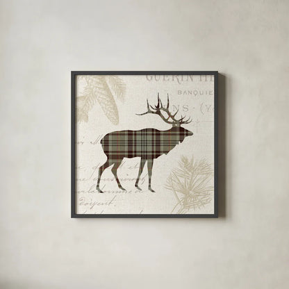 Plaid Lodge III Tan by Wild Apple Portfolio. Shown in a sleek black glass frame for a contemporary gallery look. Available as an archival giclee rolled canvas, fine art paper, or poster print. SKU 33692a.