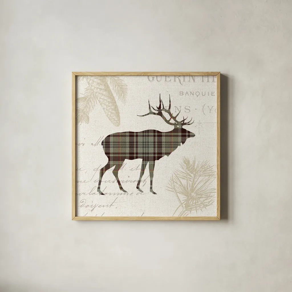 Plaid Lodge III Tan by Wild Apple Portfolio. Shown in a natural wood glass frame for a timeless modern aesthetic. Available as an archival giclee rolled canvas, fine art paper, or poster print. SKU 33692a.