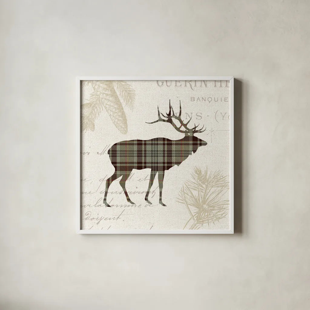 Plaid Lodge III Tan by Wild Apple Portfolio. Shown in a crisp white glass frame for a clean and minimalist style. Available as an archival giclee rolled canvas, fine art paper, or poster print. SKU 33692a.
