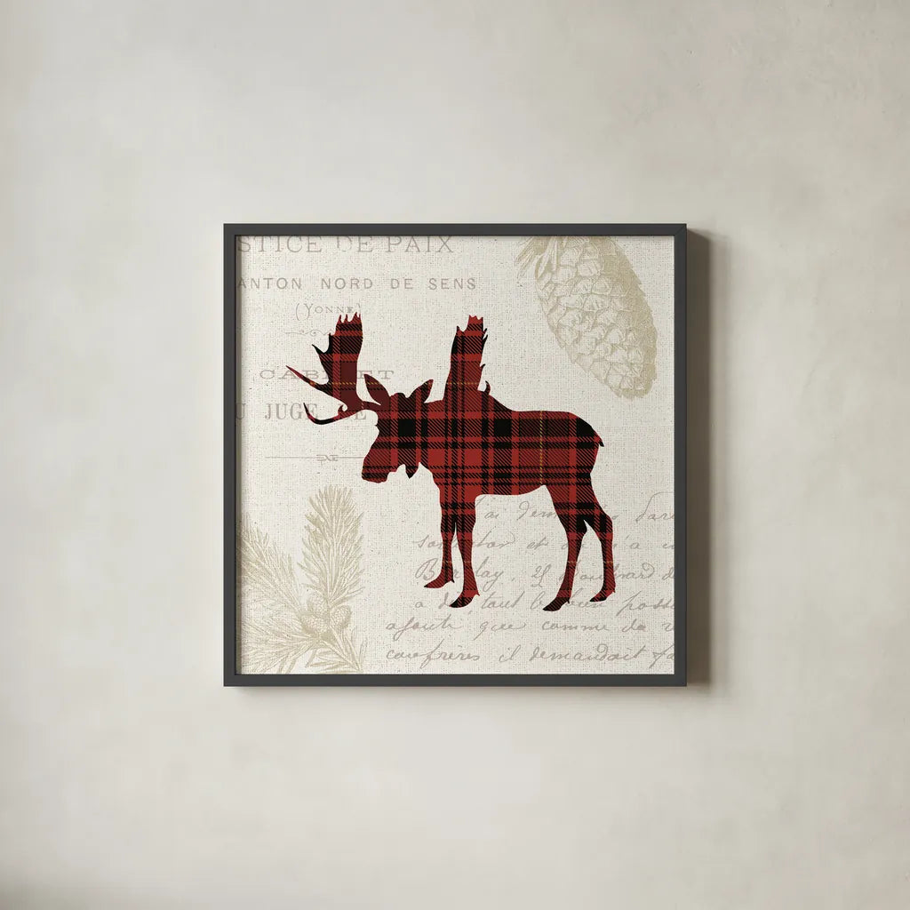Plaid Lodge IV by Wild Apple Portfolio. Shown in a sleek black glass frame for a contemporary gallery look. Available as an archival giclee rolled canvas, fine art paper, or poster print. SKU 33689a.