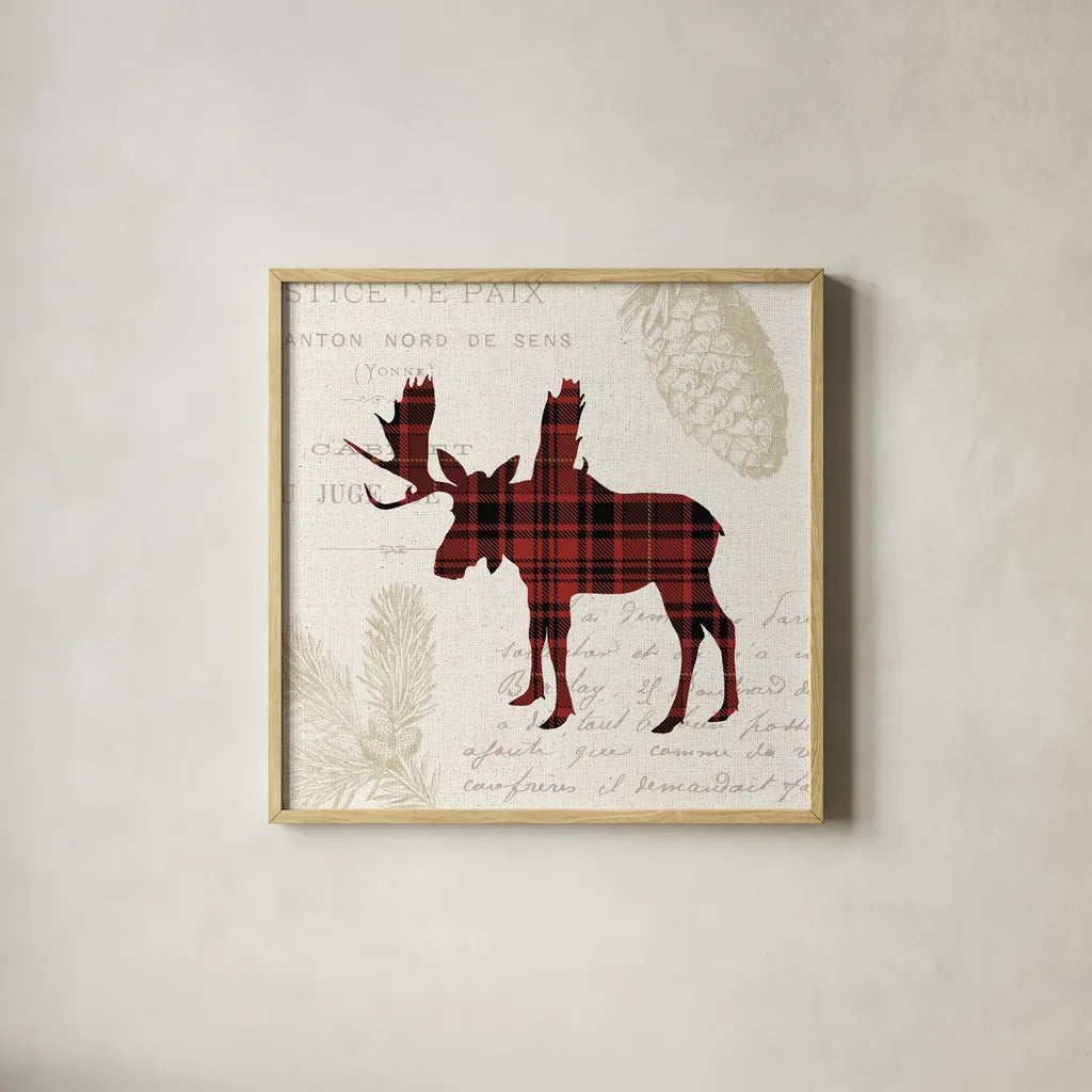 Plaid Lodge IV by Wild Apple Portfolio. Shown in a natural wood glass frame for a timeless modern aesthetic. Available as an archival giclee rolled canvas, fine art paper, or poster print. SKU 33689a.