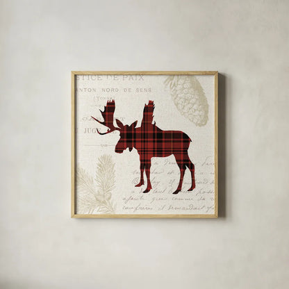 Plaid Lodge IV by Wild Apple Portfolio. Shown in a natural wood glass frame for a timeless modern aesthetic. Available as an archival giclee rolled canvas, fine art paper, or poster print. SKU 33689a.