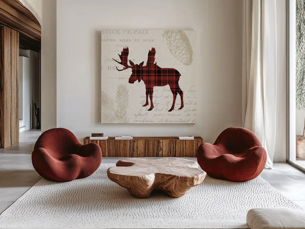 Plaid Lodge IV by Wild Apple Portfolio. Shown as extra-large giant wall art in a modern living room. Available as an archival giclee rolled canvas, fine art paper, or poster print. SKU 33689a.