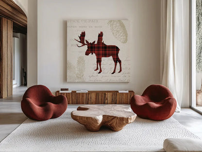 Plaid Lodge IV by Wild Apple Portfolio. Shown as extra-large giant wall art in a modern living room. Available as an archival giclee rolled canvas, fine art paper, or poster print. SKU 33689a.