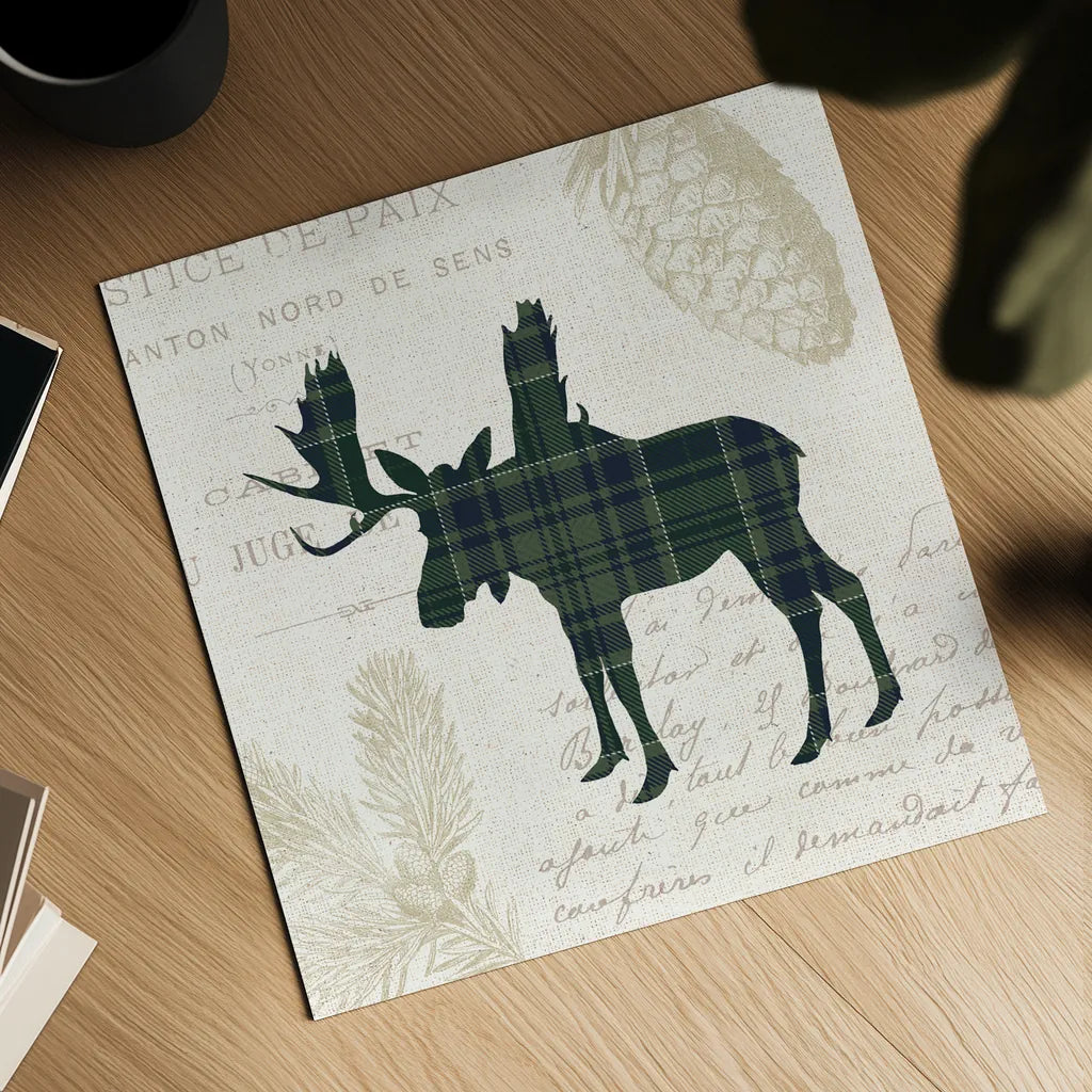 Plaid Lodge IV Navy Green by Wild Apple Portfolio. Shown as a detailed flat fine art print, highlighting archival giclee quality. Available as an archival giclee rolled canvas, fine art paper, or poster print. SKU 59708a.