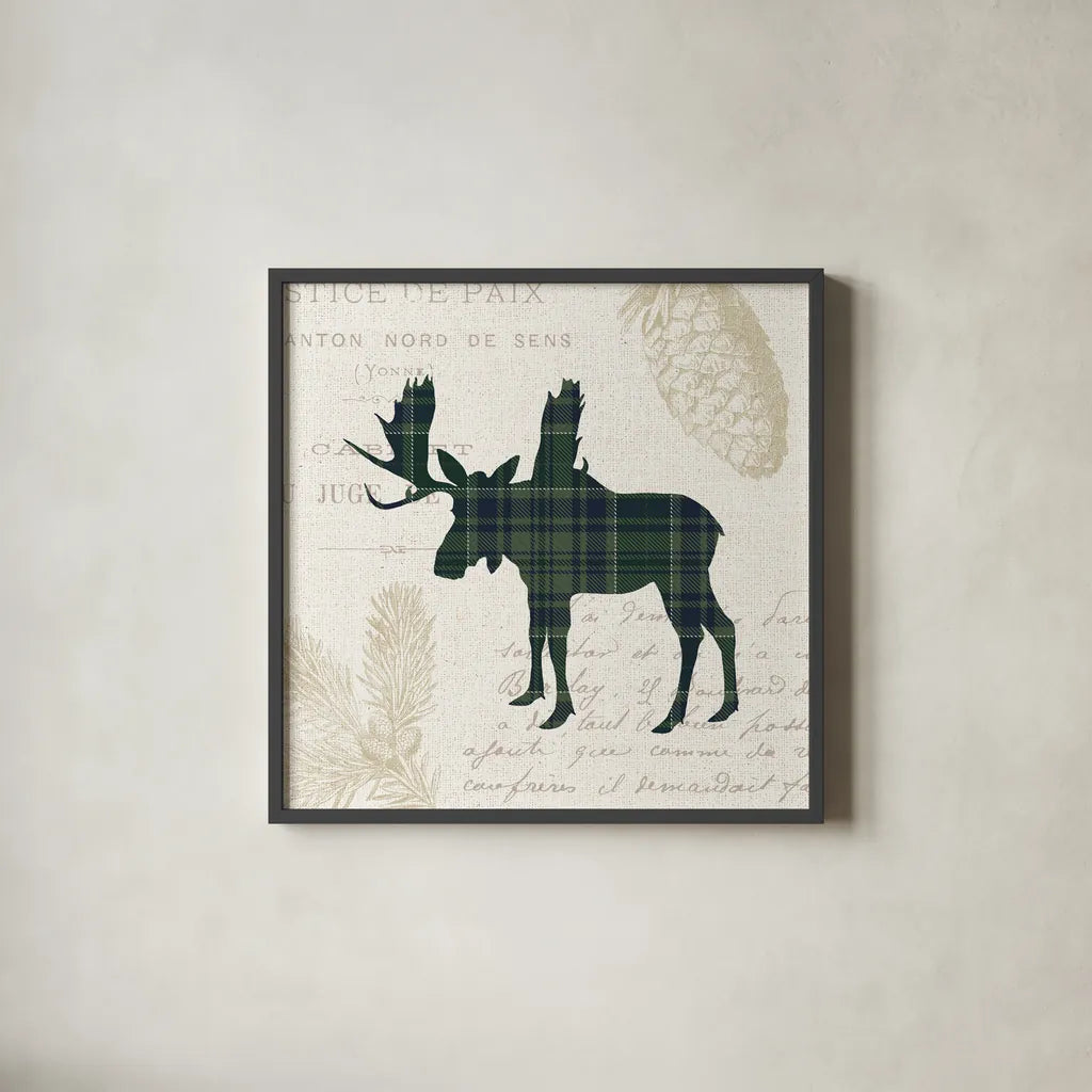 Plaid Lodge IV Navy Green by Wild Apple Portfolio. Shown in a sleek black glass frame for a contemporary gallery look. Available as an archival giclee rolled canvas, fine art paper, or poster print. SKU 59708a.