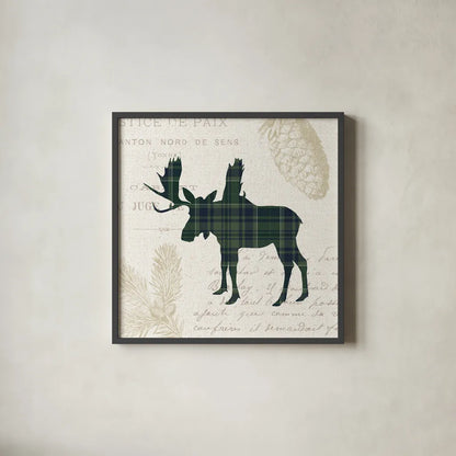 Plaid Lodge IV Navy Green by Wild Apple Portfolio. Shown in a sleek black glass frame for a contemporary gallery look. Available as an archival giclee rolled canvas, fine art paper, or poster print. SKU 59708a.