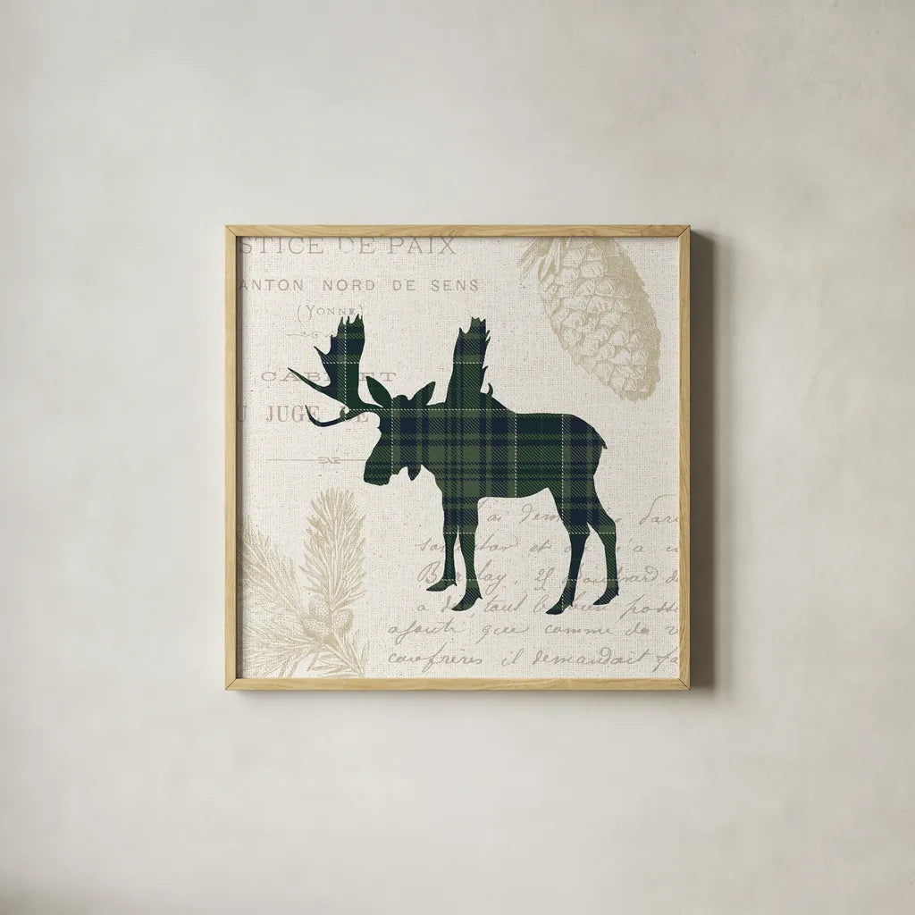 Plaid Lodge IV Navy Green by Wild Apple Portfolio. Shown in a natural wood glass frame for a timeless modern aesthetic. Available as an archival giclee rolled canvas, fine art paper, or poster print. SKU 59708a.