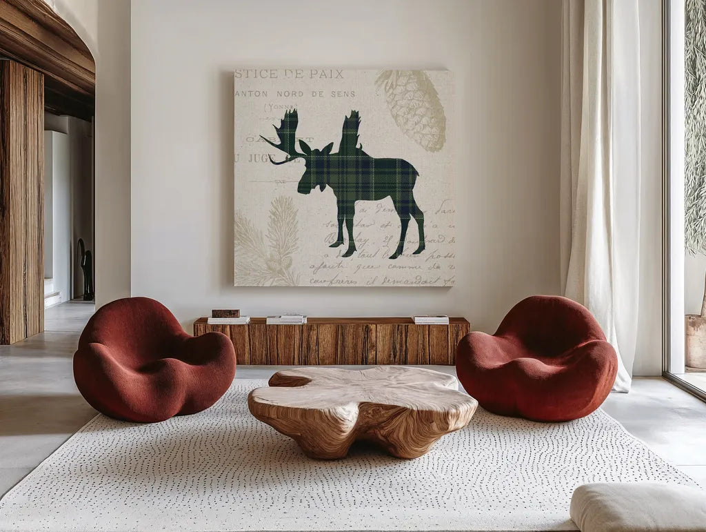 Plaid Lodge IV Navy Green by Wild Apple Portfolio. Shown as extra-large giant wall art in a modern living room. Available as an archival giclee rolled canvas, fine art paper, or poster print. SKU 59708a.