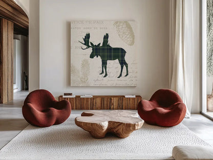 Plaid Lodge IV Navy Green by Wild Apple Portfolio. Shown as extra-large giant wall art in a modern living room. Available as an archival giclee rolled canvas, fine art paper, or poster print. SKU 59708a.