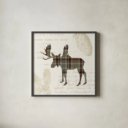 Plaid Lodge IV Tan by Wild Apple Portfolio. Shown in a sleek black glass frame for a contemporary gallery look. Available as an archival giclee rolled canvas, fine art paper, or poster print. SKU 33693a.