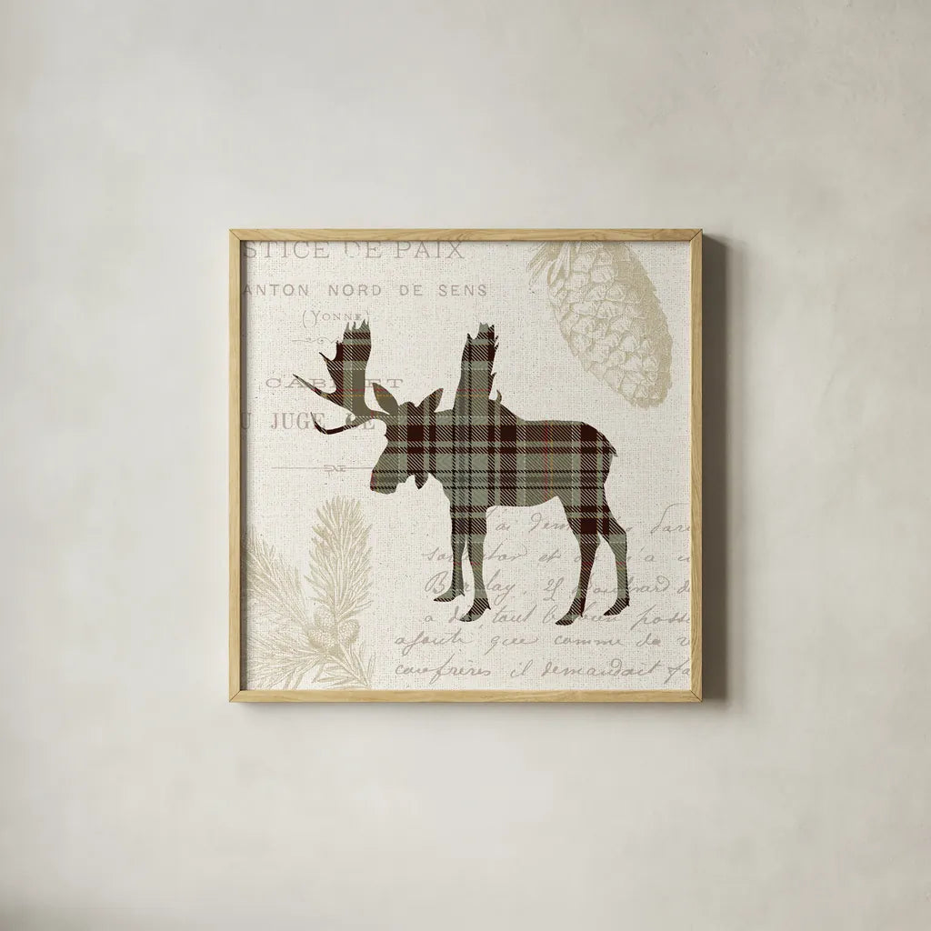 Plaid Lodge IV Tan by Wild Apple Portfolio. Shown in a natural wood glass frame for a timeless modern aesthetic. Available as an archival giclee rolled canvas, fine art paper, or poster print. SKU 33693a.