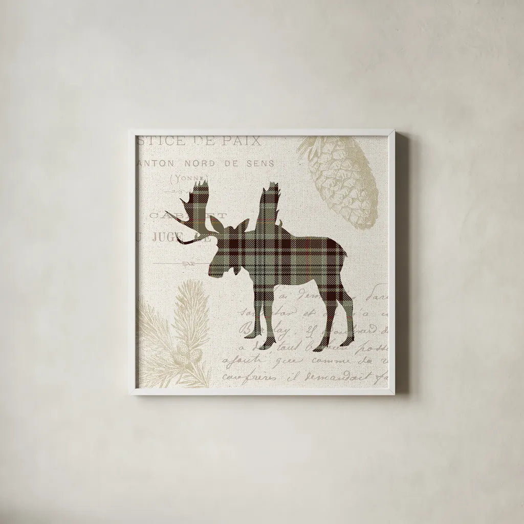 Plaid Lodge IV Tan by Wild Apple Portfolio. Shown in a crisp white glass frame for a clean and minimalist style. Available as an archival giclee rolled canvas, fine art paper, or poster print. SKU 33693a.
