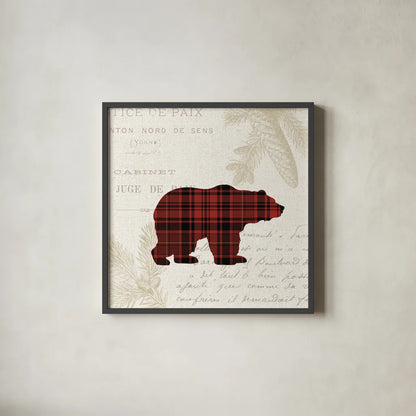 Plaid Lodge V by Wild Apple Portfolio. Shown in a sleek black glass frame for a contemporary gallery look. Available as an archival giclee rolled canvas, fine art paper, or poster print. SKU 70248a.
