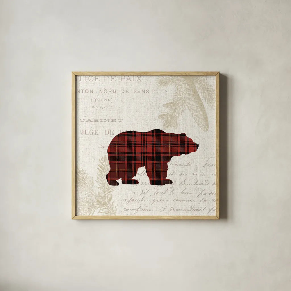 Plaid Lodge V by Wild Apple Portfolio. Shown in a natural wood glass frame for a timeless modern aesthetic. Available as an archival giclee rolled canvas, fine art paper, or poster print. SKU 70248a.