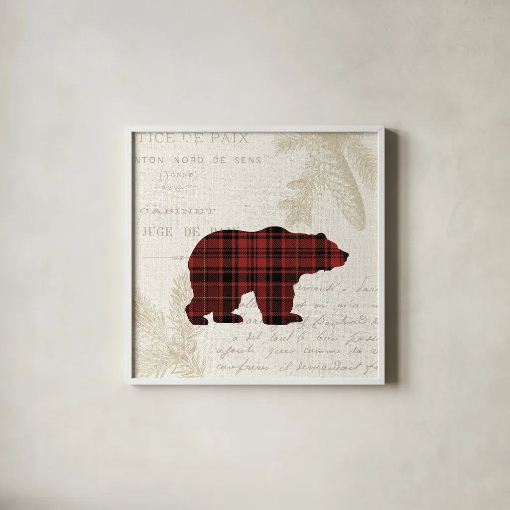 Plaid Lodge V by Wild Apple Portfolio. Shown in a crisp white glass frame for a clean and minimalist style. Available as an archival giclee rolled canvas, fine art paper, or poster print. SKU 70248a.