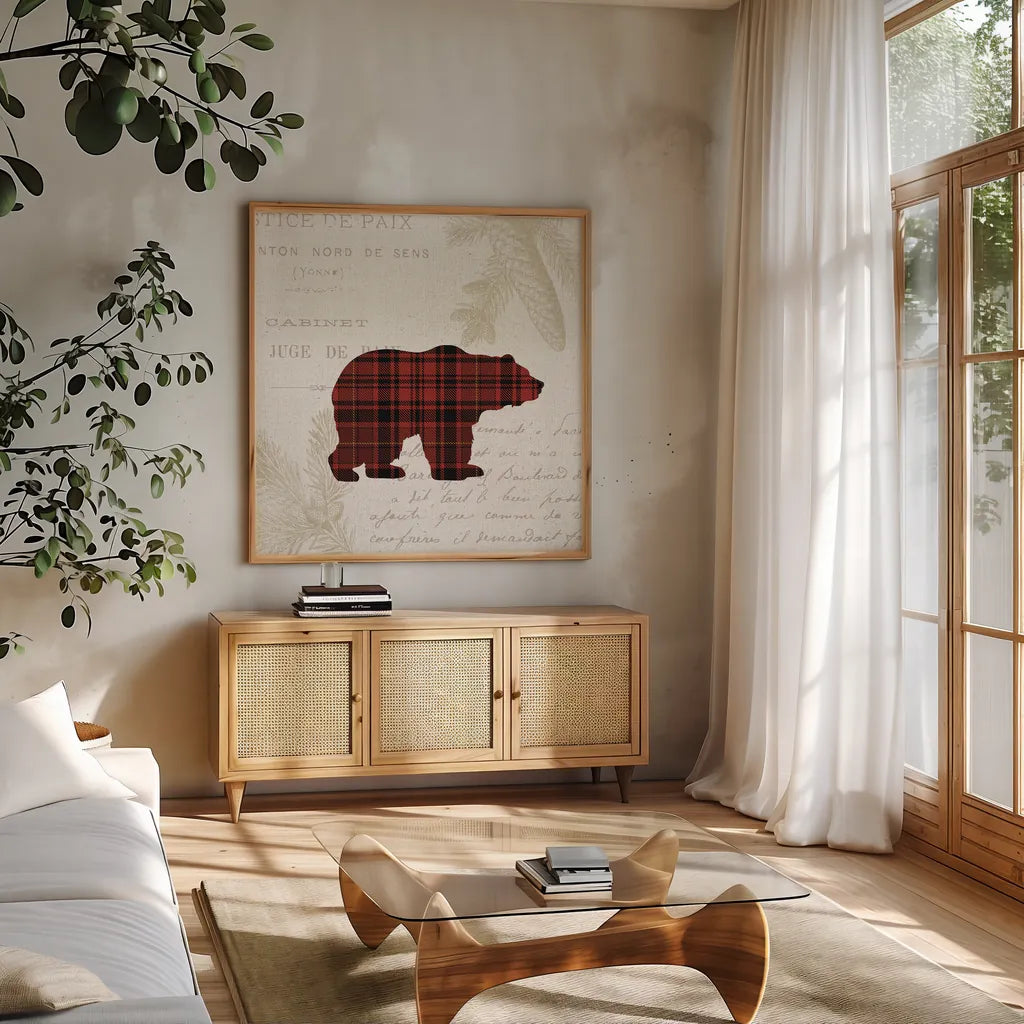 Plaid Lodge V by Wild Apple Portfolio. Shown in a natural wood frame in a cozy modern living room. Available as an archival giclee rolled canvas, fine art paper, or poster print. SKU 70248a.