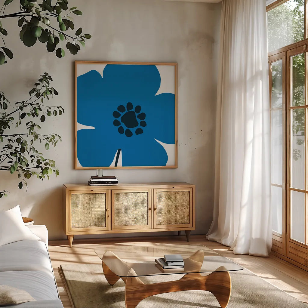 Pop Art Floral I by Wild Apple Portfolio. Shown in a natural wood frame in a cozy modern living room. Available as an archival giclee rolled canvas, fine art paper, or poster print. SKU 44561a.