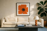 Pop Art Floral I Orange by Wild Apple Portfolio. Displayed in a glass frame with matte in a clean modern living room. Available as an archival giclee rolled canvas, fine art paper, or poster print. SKU 54536a.