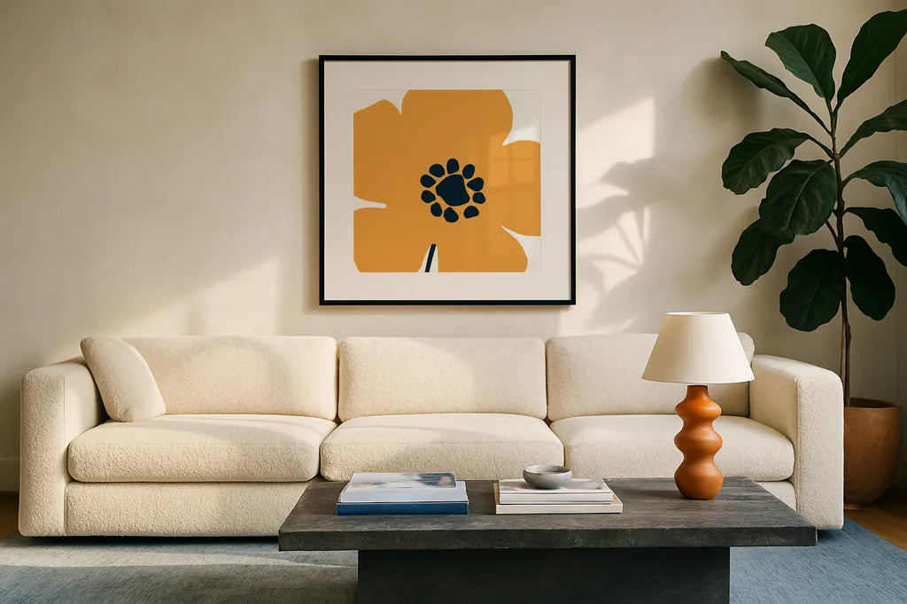 Pop Art Floral I Retro by Wild Apple Portfolio. Displayed in a glass frame with matte in a clean modern living room. Available as an archival giclee rolled canvas, fine art paper, or poster print. SKU 57083a.