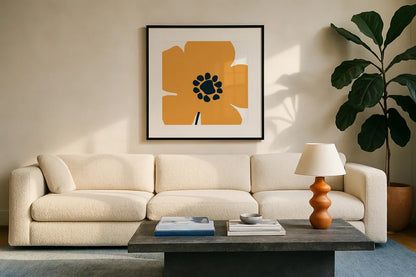Pop Art Floral I Retro by Wild Apple Portfolio. Displayed in a glass frame with matte in a clean modern living room. Available as an archival giclee rolled canvas, fine art paper, or poster print. SKU 57083a.