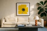 Pop Art Floral I Yellow by Wild Apple Portfolio. Displayed in a glass frame with matte in a clean modern living room. Available as an archival giclee rolled canvas, fine art paper, or poster print. SKU 54535a.