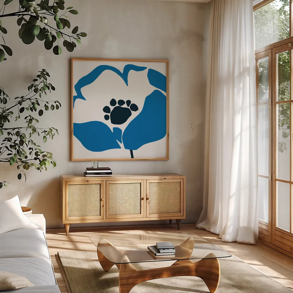 Pop Art Floral II BLue by Wild Apple Portfolio. Shown in a natural wood frame in a cozy modern living room. Available as an archival giclee rolled canvas, fine art paper, or poster print. SKU 61451a.