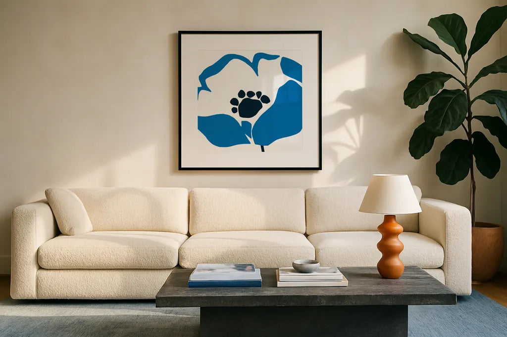 Pop Art Floral II BLue by Wild Apple Portfolio. Displayed in a glass frame with matte in a clean modern living room. Available as an archival giclee rolled canvas, fine art paper, or poster print. SKU 61451a.