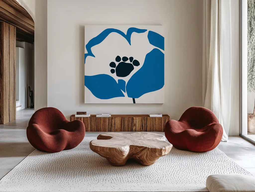 Pop Art Floral II BLue by Wild Apple Portfolio. Shown as extra-large giant wall art in a modern living room. Available as an archival giclee rolled canvas, fine art paper, or poster print. SKU 61451a.