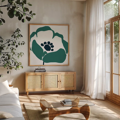 Pop Art Floral III Retro by Wild Apple Portfolio. Shown in a natural wood frame in a cozy modern living room. Available as an archival giclee rolled canvas, fine art paper, or poster print. SKU 57085a.