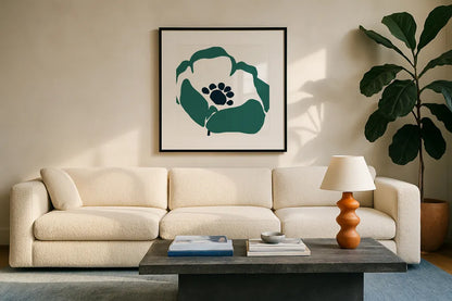 Pop Art Floral III Retro by Wild Apple Portfolio. Displayed in a glass frame with matte in a clean modern living room. Available as an archival giclee rolled canvas, fine art paper, or poster print. SKU 57085a.