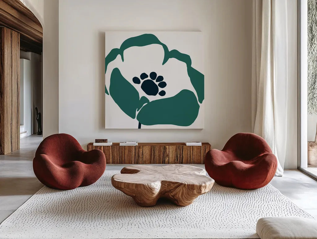 Pop Art Floral III Retro by Wild Apple Portfolio. Shown as extra-large giant wall art in a modern living room. Available as an archival giclee rolled canvas, fine art paper, or poster print. SKU 57085a.