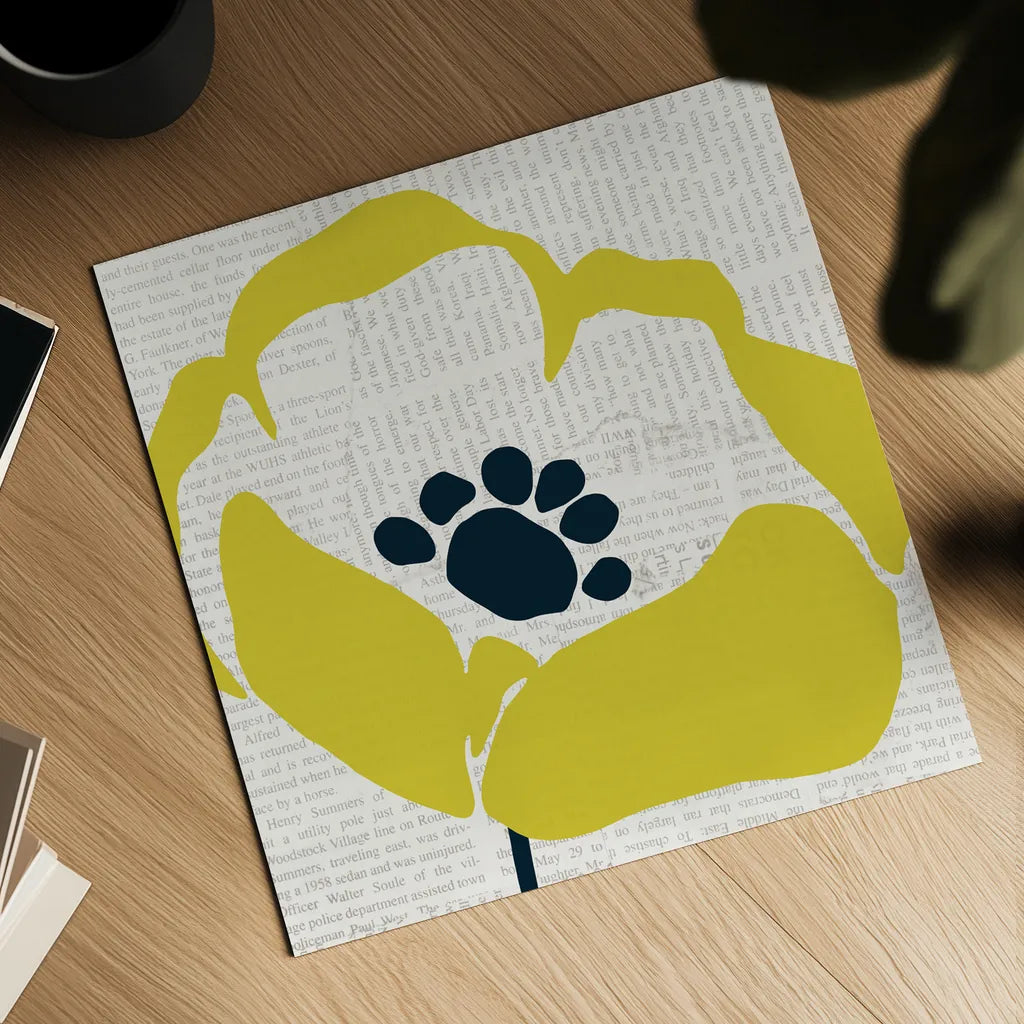 Pop Art Floral III Yellow Newsprint by Wild Apple Portfolio. Shown as a detailed flat fine art print, highlighting archival giclee quality. Available as an archival giclee rolled canvas, fine art paper, or poster print. SKU 52824a.