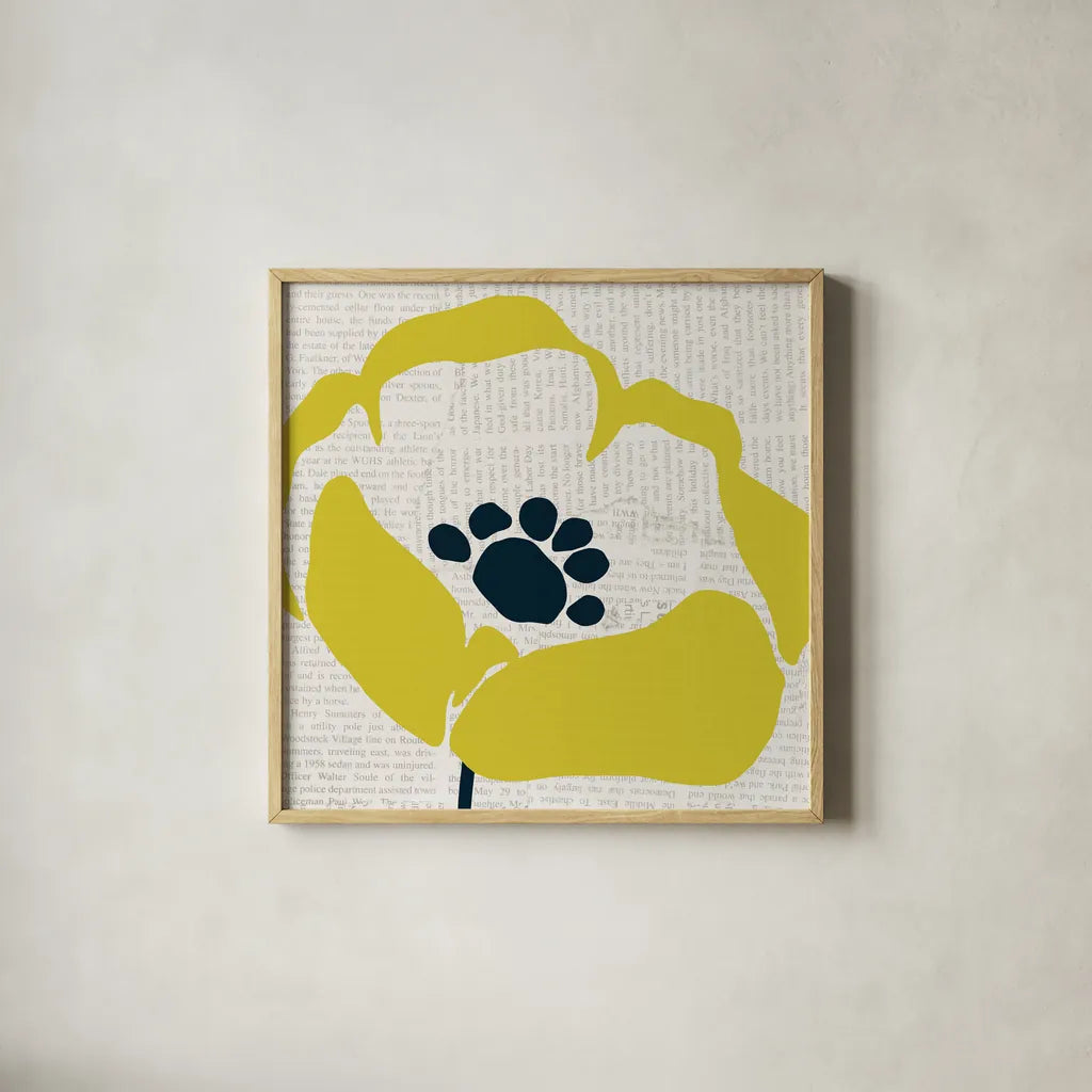 Pop Art Floral III Yellow Newsprint by Wild Apple Portfolio. Shown in a natural wood glass frame for a timeless modern aesthetic. Available as an archival giclee rolled canvas, fine art paper, or poster print. SKU 52824a.