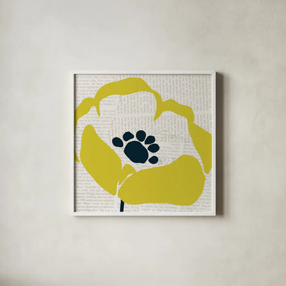 Pop Art Floral III Yellow Newsprint by Wild Apple Portfolio. Shown in a crisp white glass frame for a clean and minimalist style. Available as an archival giclee rolled canvas, fine art paper, or poster print. SKU 52824a.