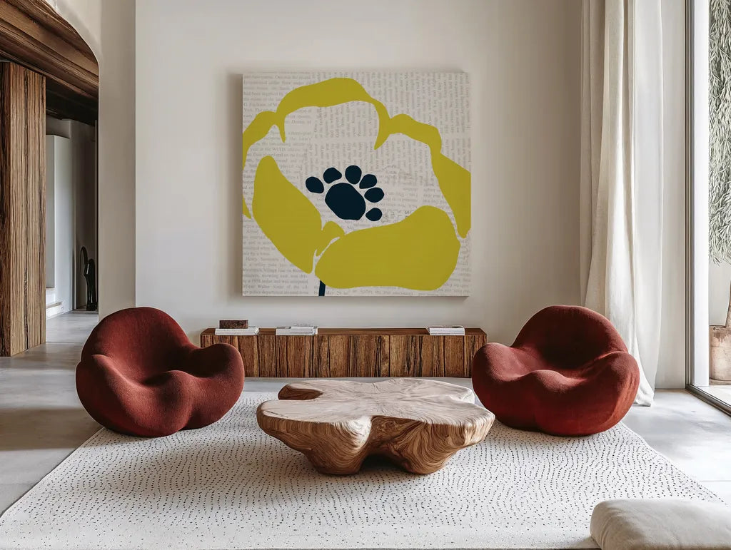 Pop Art Floral III Yellow Newsprint by Wild Apple Portfolio. Shown as extra-large giant wall art in a modern living room. Available as an archival giclee rolled canvas, fine art paper, or poster print. SKU 52824a.