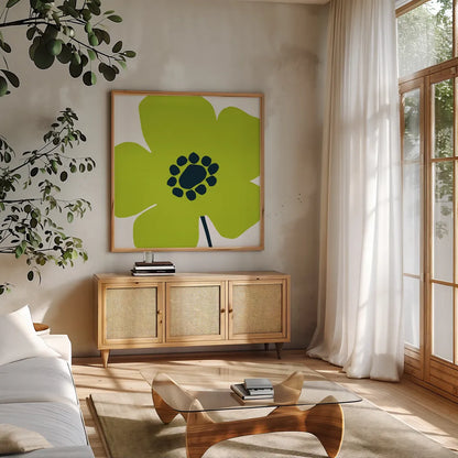 Pop Art Floral IV by Wild Apple Portfolio. Shown in a natural wood frame in a cozy modern living room. Available as an archival giclee rolled canvas, fine art paper, or poster print. SKU 44564a.