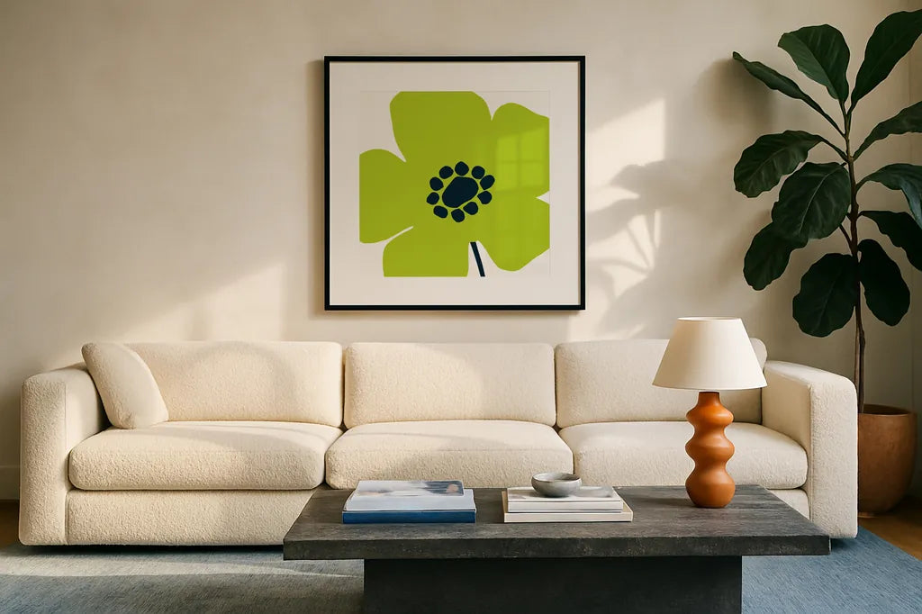 Pop Art Floral IV by Wild Apple Portfolio. Displayed in a glass frame with matte in a clean modern living room. Available as an archival giclee rolled canvas, fine art paper, or poster print. SKU 44564a.
