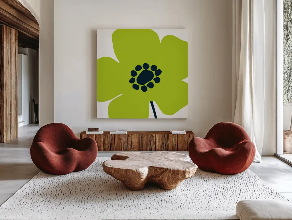Pop Art Floral IV by Wild Apple Portfolio. Shown as extra-large giant wall art in a modern living room. Available as an archival giclee rolled canvas, fine art paper, or poster print. SKU 44564a.