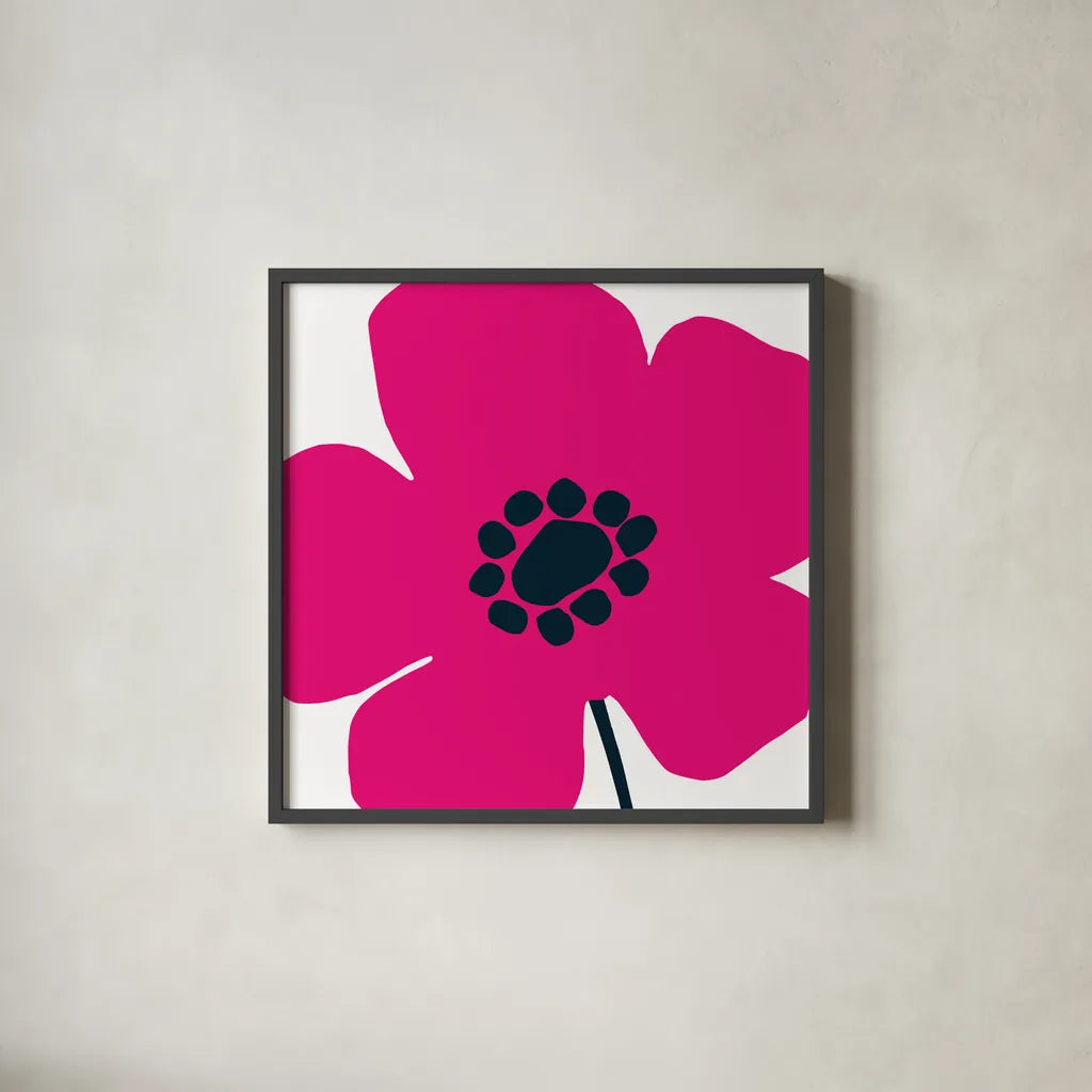 Pop Art Floral IV Hot Pink by Wild Apple Portfolio. Shown in a sleek black glass frame for a contemporary gallery look. Available as an archival giclee rolled canvas, fine art paper, or poster print. SKU 52823a.
