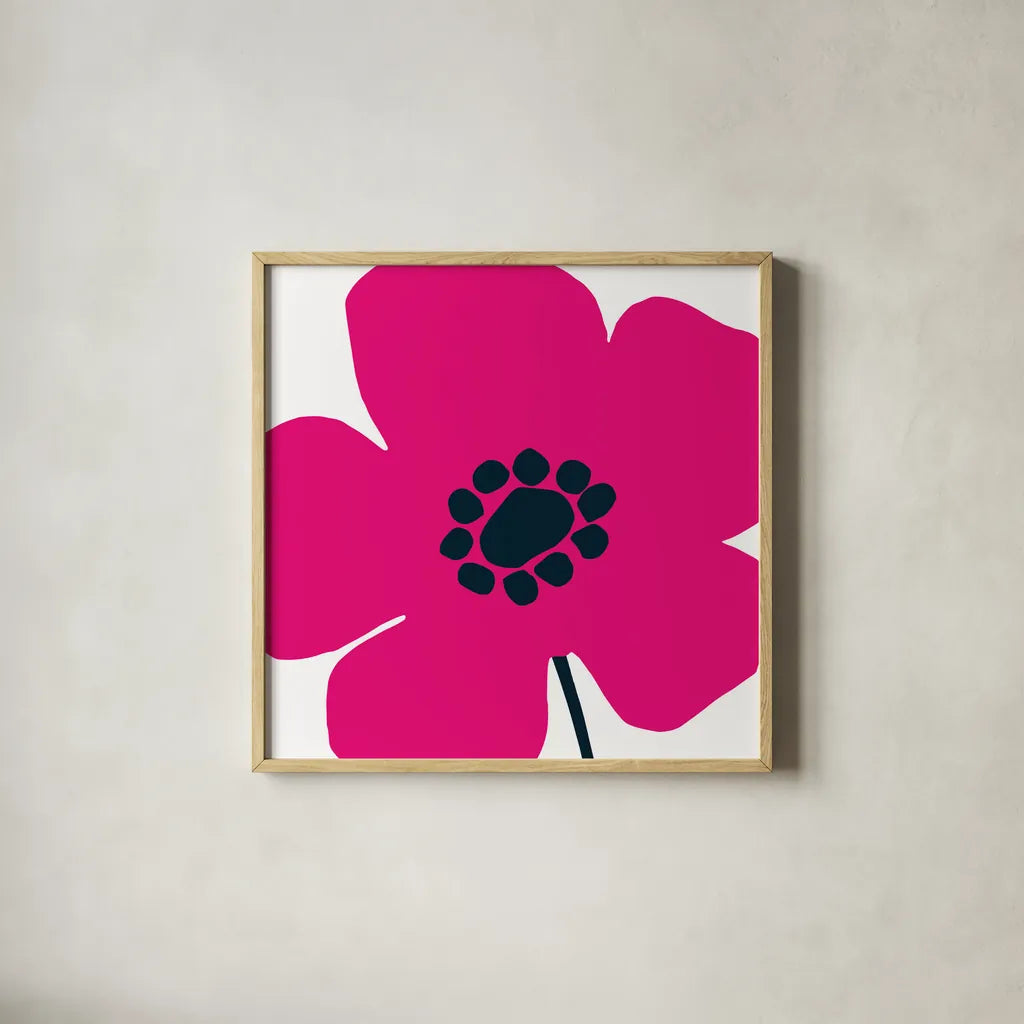 Pop Art Floral IV Hot Pink by Wild Apple Portfolio. Shown in a natural wood glass frame for a timeless modern aesthetic. Available as an archival giclee rolled canvas, fine art paper, or poster print. SKU 52823a.