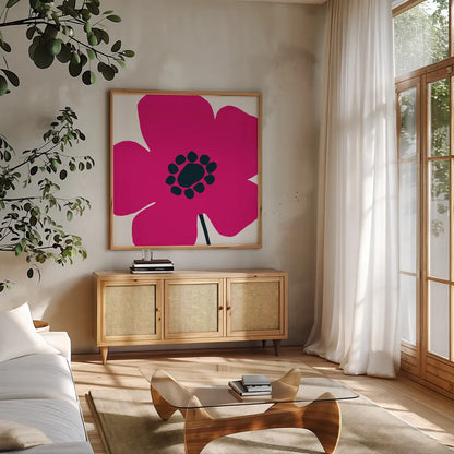 Pop Art Floral IV Hot Pink by Wild Apple Portfolio. Shown in a natural wood frame in a cozy modern living room. Available as an archival giclee rolled canvas, fine art paper, or poster print. SKU 52823a.
