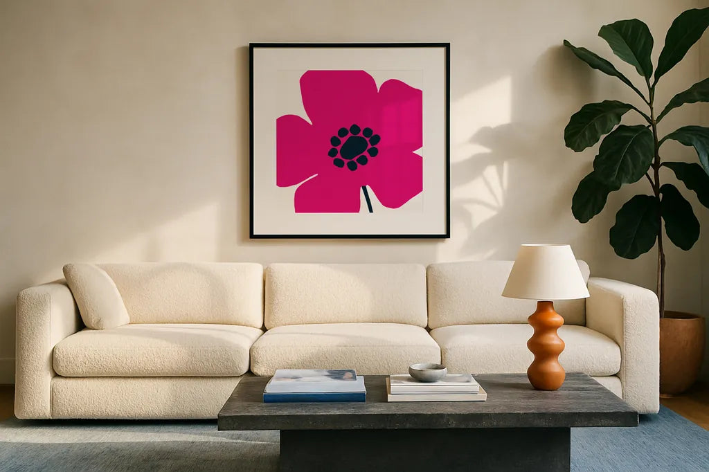 Pop Art Floral IV Hot Pink by Wild Apple Portfolio. Displayed in a glass frame with matte in a clean modern living room. Available as an archival giclee rolled canvas, fine art paper, or poster print. SKU 52823a.