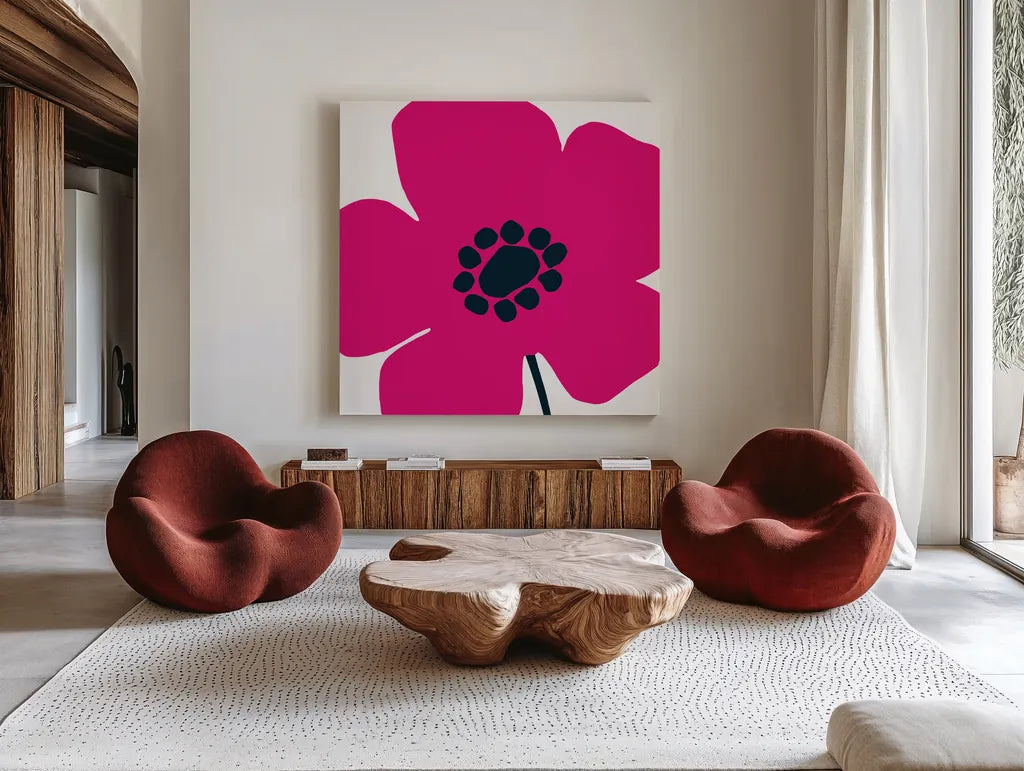 Pop Art Floral IV Hot Pink by Wild Apple Portfolio. Shown as extra-large giant wall art in a modern living room. Available as an archival giclee rolled canvas, fine art paper, or poster print. SKU 52823a.