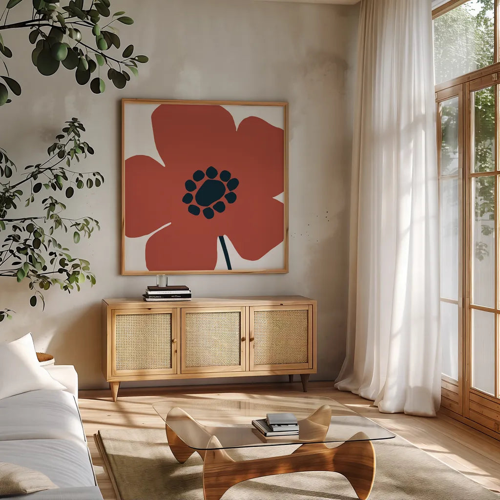 Pop Art Floral IV Retro by Wild Apple Portfolio. Shown in a natural wood frame in a cozy modern living room. Available as an archival giclee rolled canvas, fine art paper, or poster print. SKU 57086a.