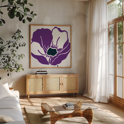 Pop Art Floral VI by Wild Apple Portfolio. Shown in a natural wood frame in a cozy modern living room. Available as an archival giclee rolled canvas, fine art paper, or poster print. SKU 61356a.