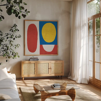 Primary I by Wild Apple Portfolio. Shown in a natural wood frame in a cozy modern living room. Available as an archival giclee rolled canvas, fine art paper, or poster print. SKU 82321a.