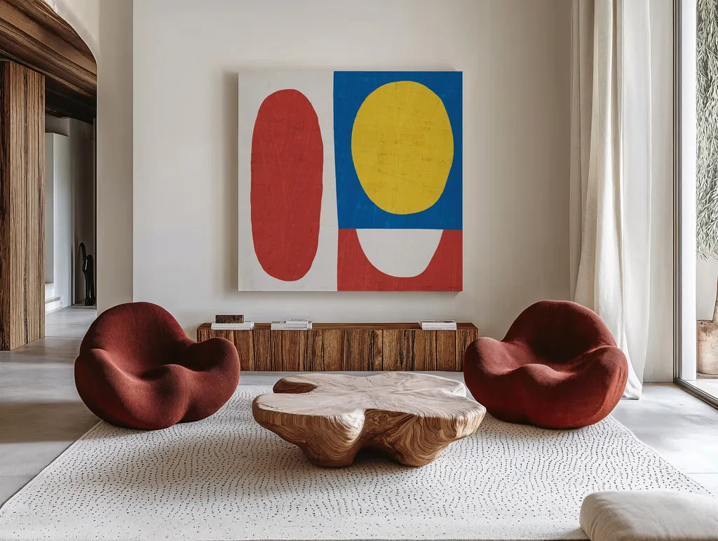 Primary I by Wild Apple Portfolio. Shown as extra-large giant wall art in a modern living room. Available as an archival giclee rolled canvas, fine art paper, or poster print. SKU 82321a.
