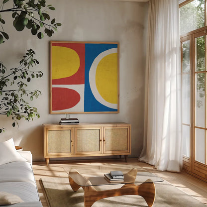 Primary II by Wild Apple Portfolio. Shown in a natural wood frame in a cozy modern living room. Available as an archival giclee rolled canvas, fine art paper, or poster print. SKU 82322a.